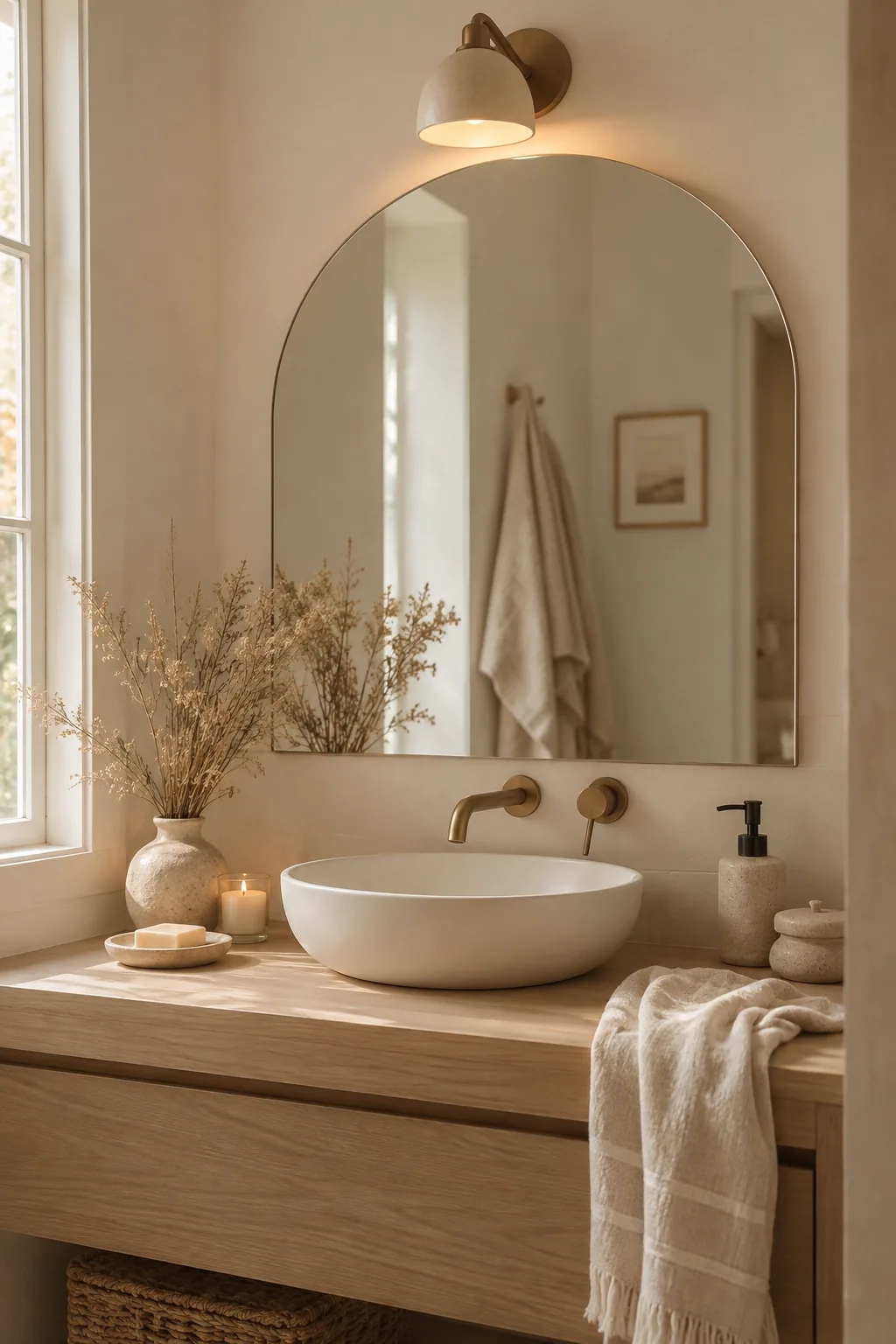 Frameless arched mirror mounted over a modern wood bathroom vanity