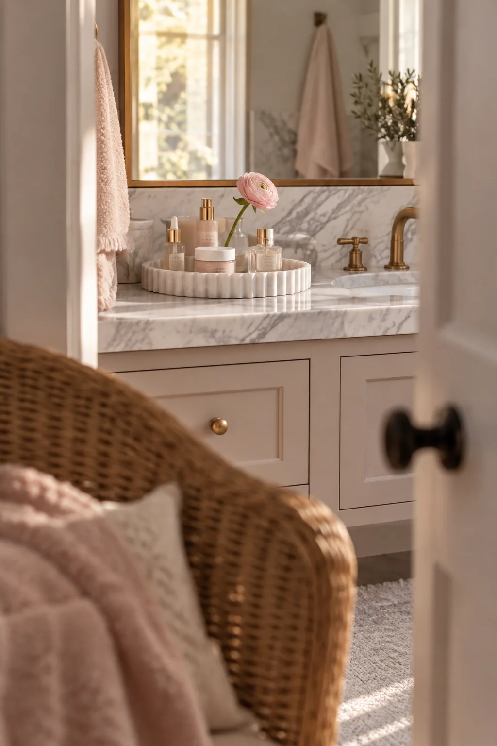 Skincare bottles arranged neatly on a fluted marble tray by the sink