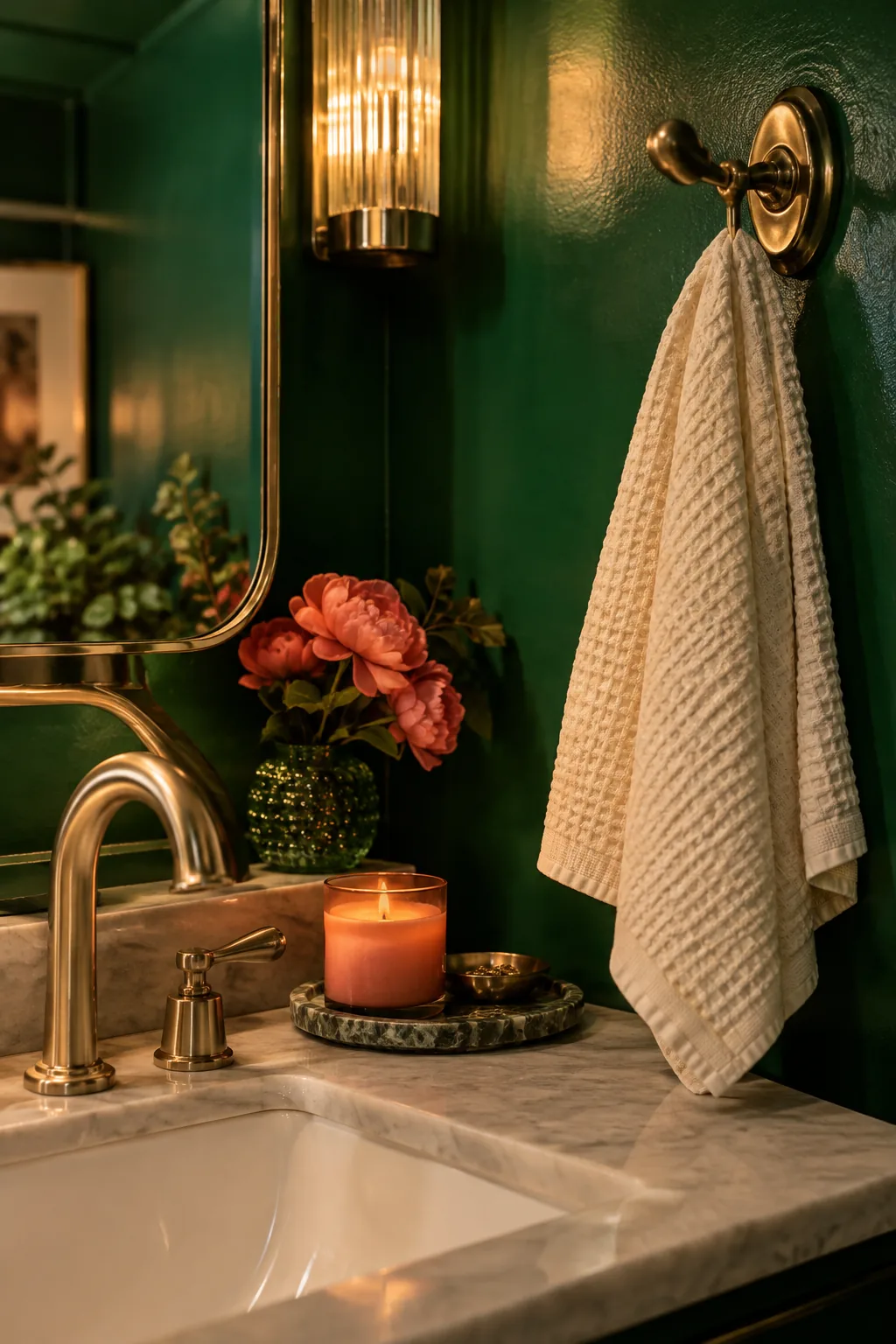Small bathroom painted in dark green with brass fixtures