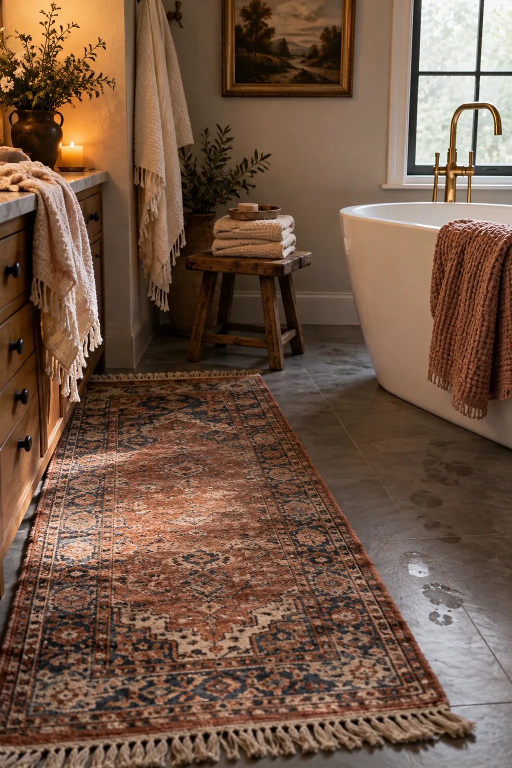 Faded vintage runner rug placed on a white tile bathroom floor