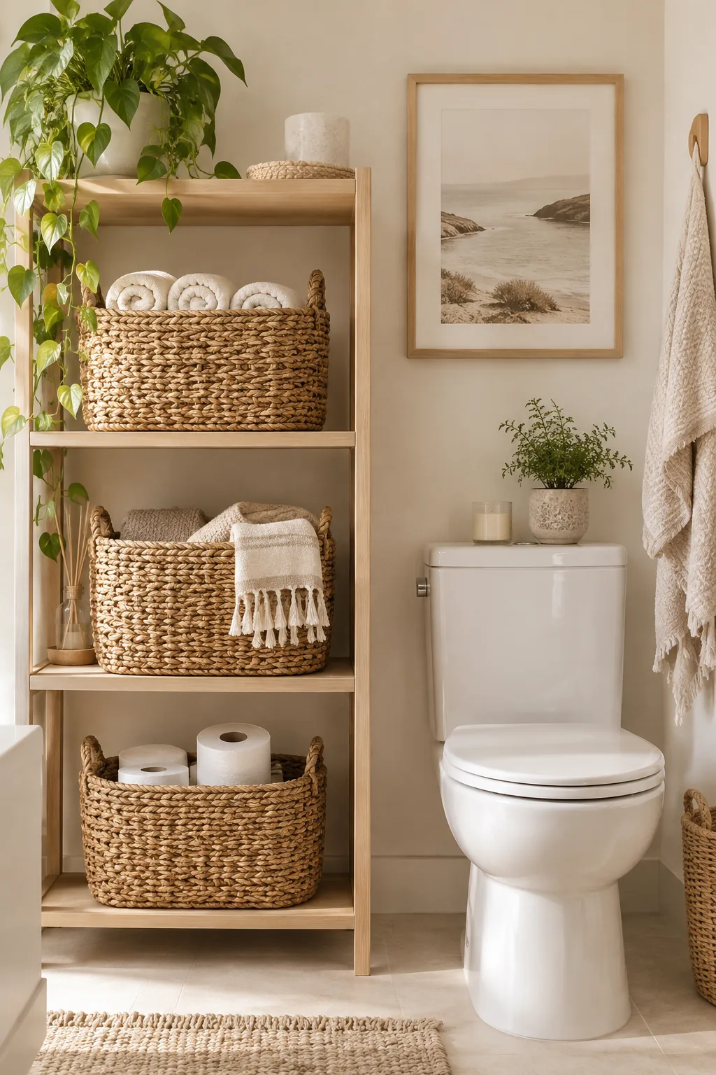 Woven storage baskets tucked under a bathroom vanity
