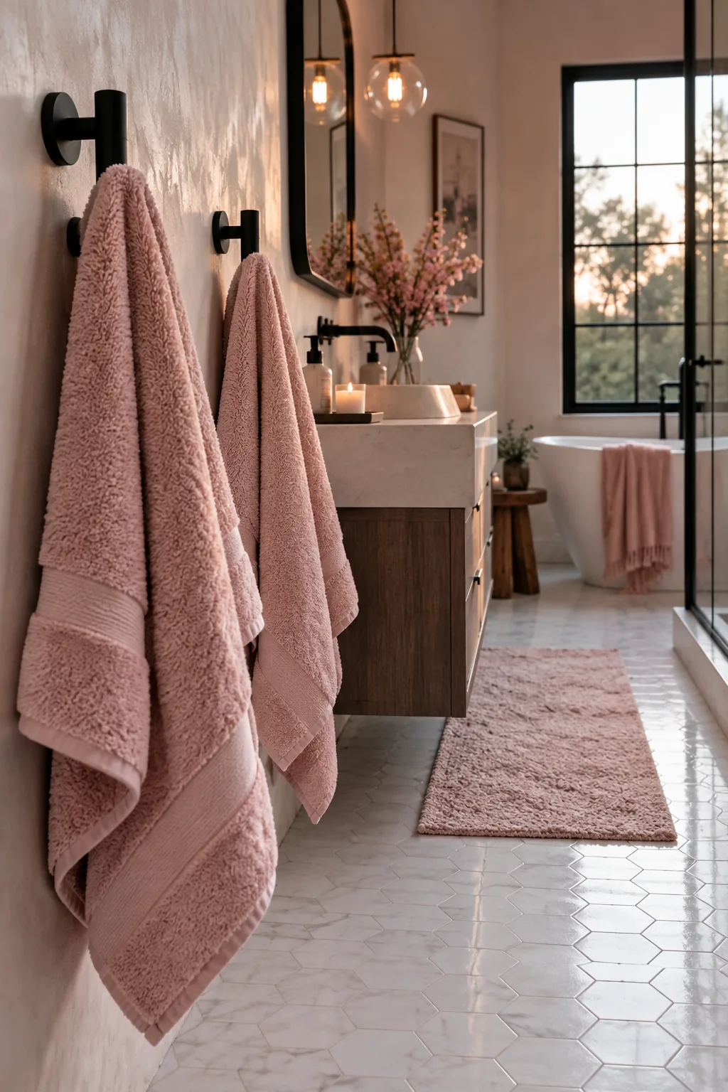 Blush pink towels hanging from matte black wall hooks