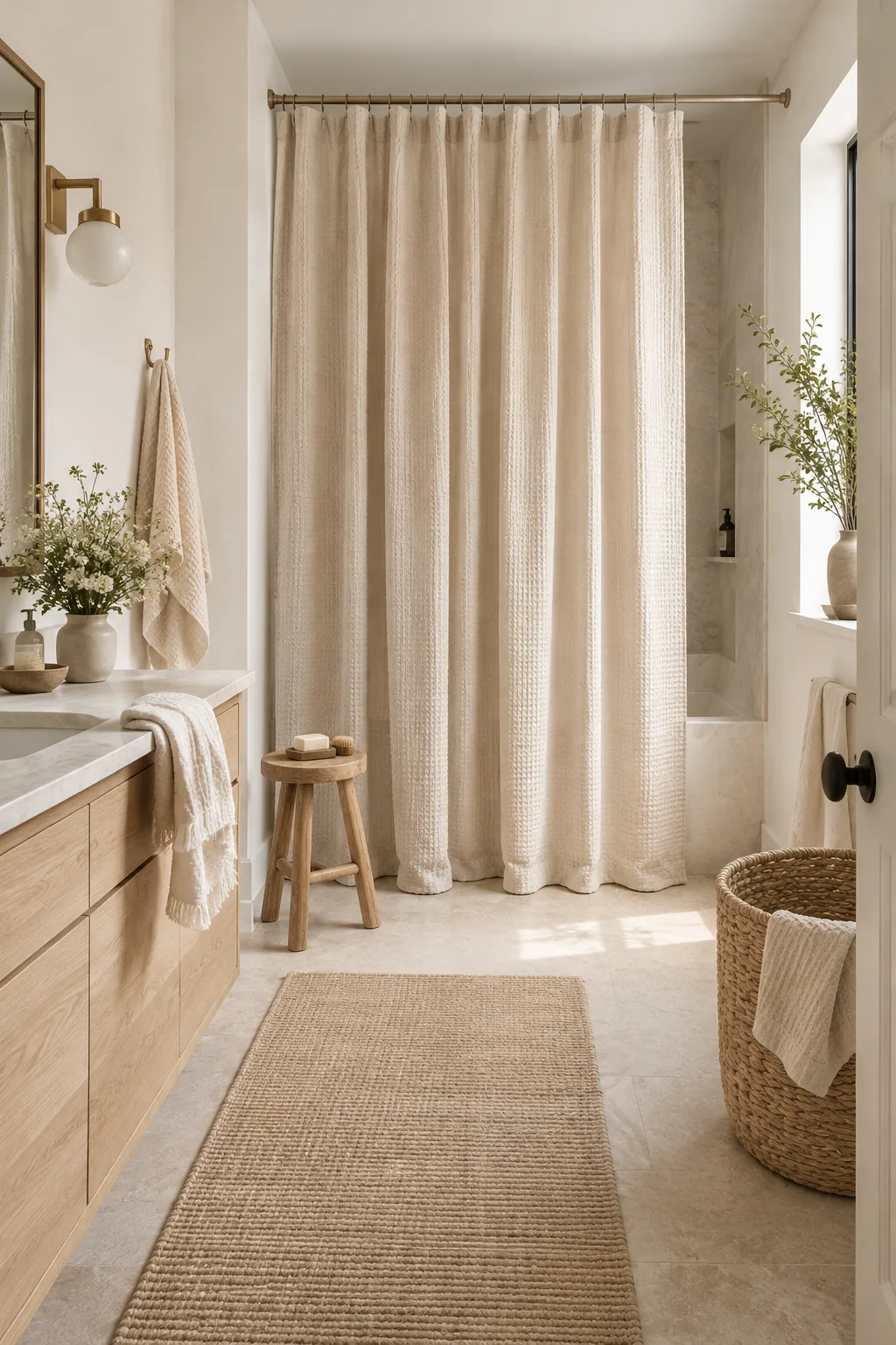 Extra-long waffle-knit shower curtain hung near the bathroom ceiling