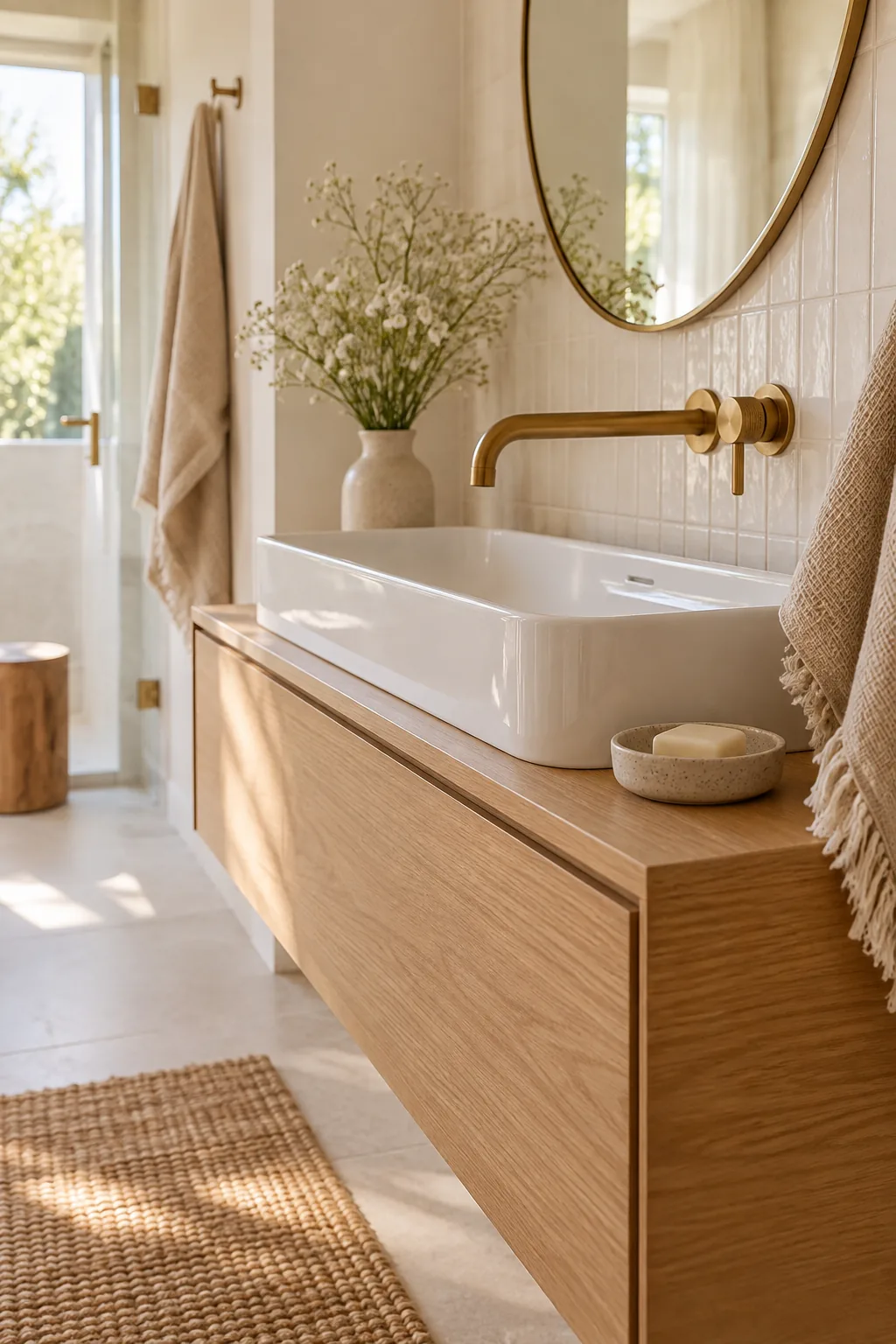 Brass wall-mounted faucet over a clean white bathroom sink
