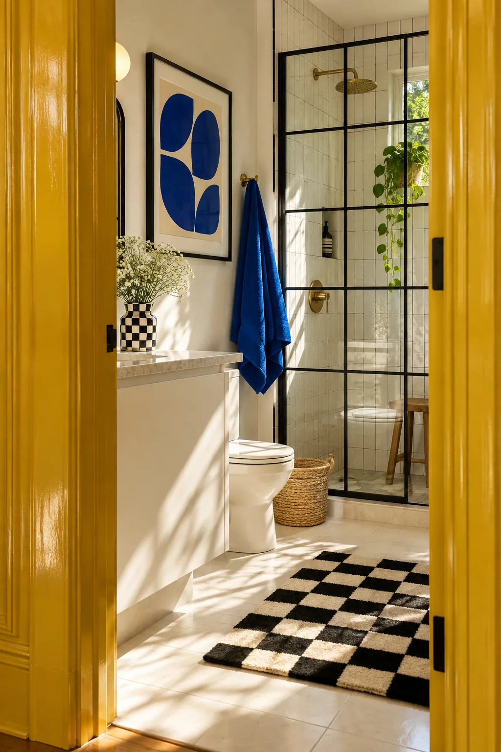 Black and white checkerboard bath mat on a neutral bathroom floor