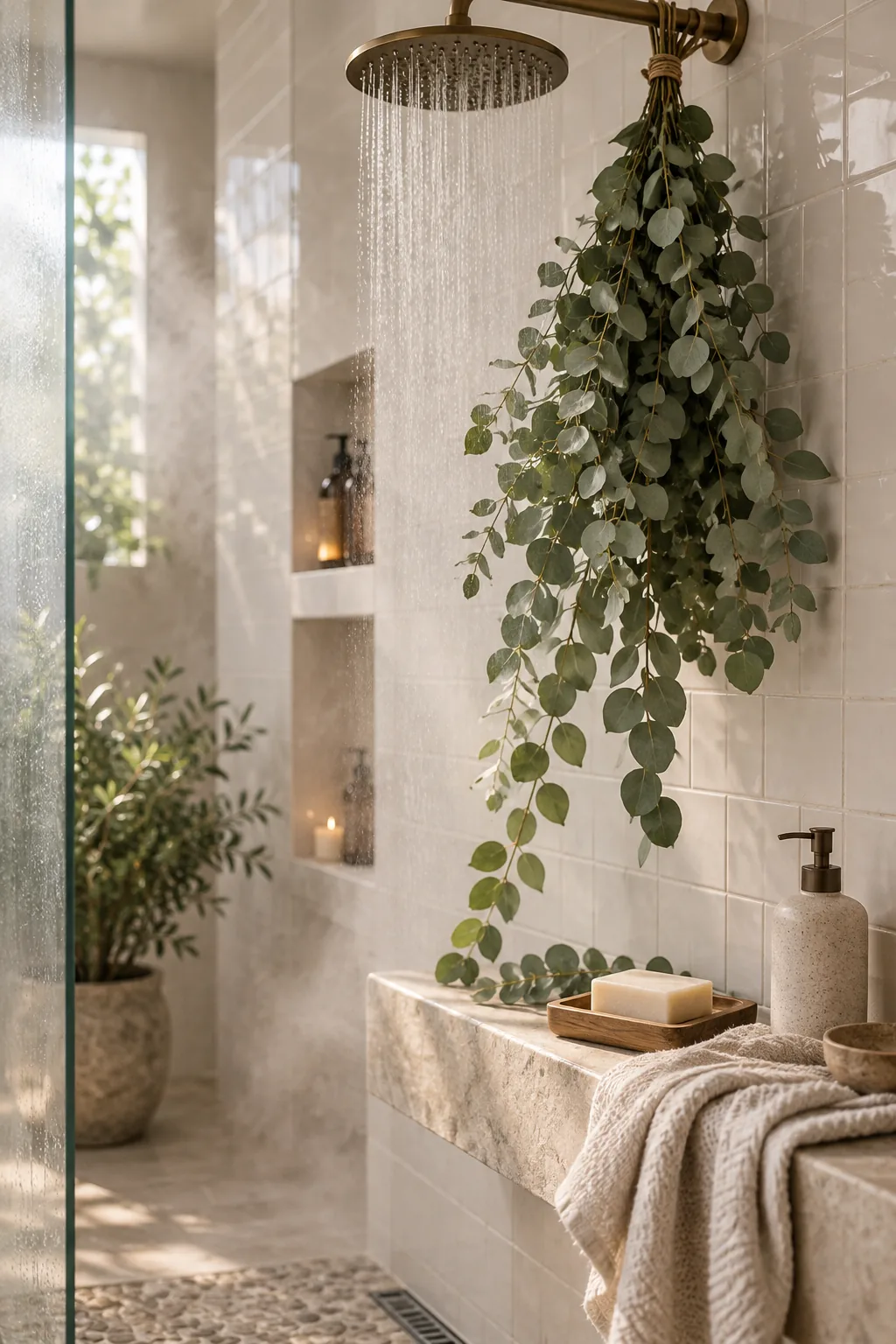 Fresh bundle of eucalyptus hanging from a silver showerhead