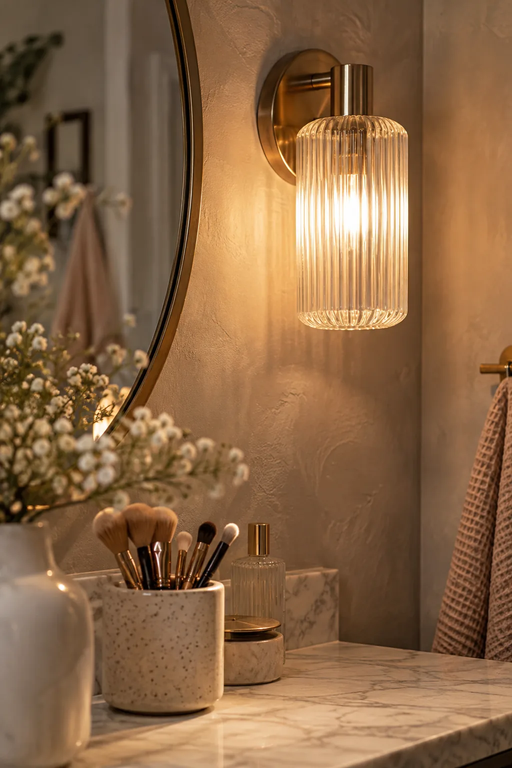 Fluted glass wall sconces mounted on either side of a vanity mirror