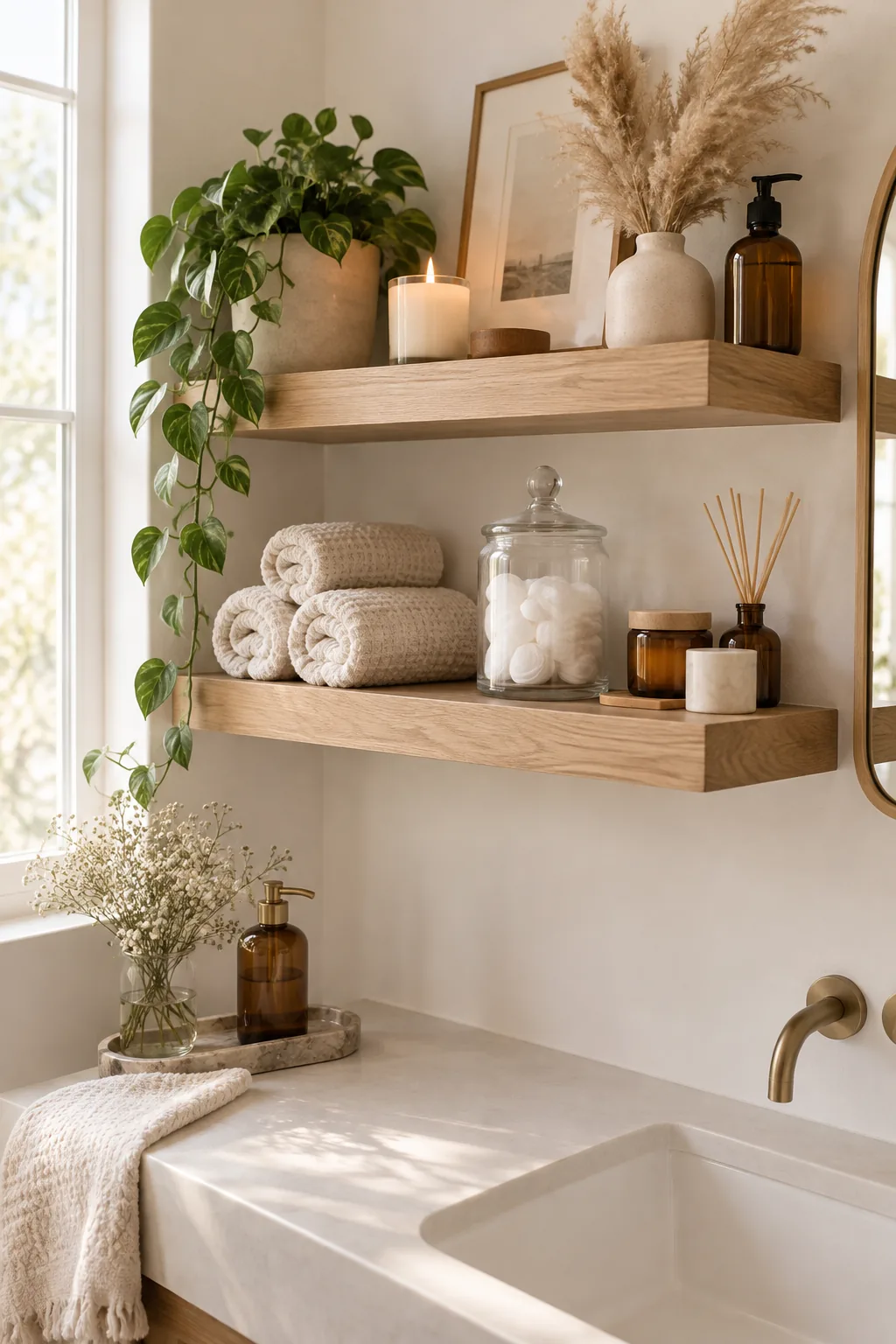 Floating wood shelves styled with towels, candles, and ceramic dishes