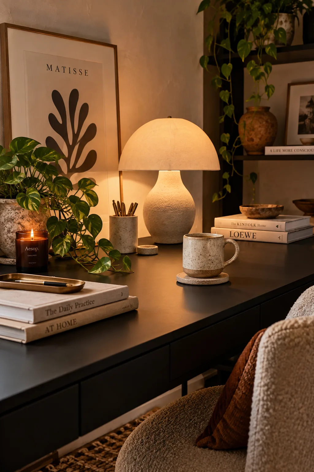 Matte black modern desk in a bright home office