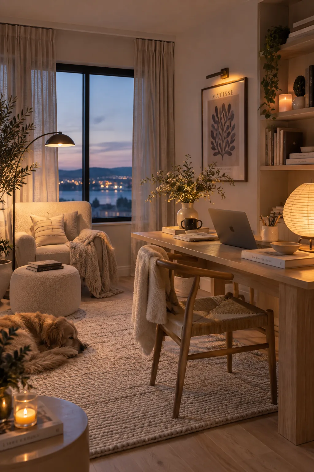 Layered lighting in a home office with desk lamp and floor lamp