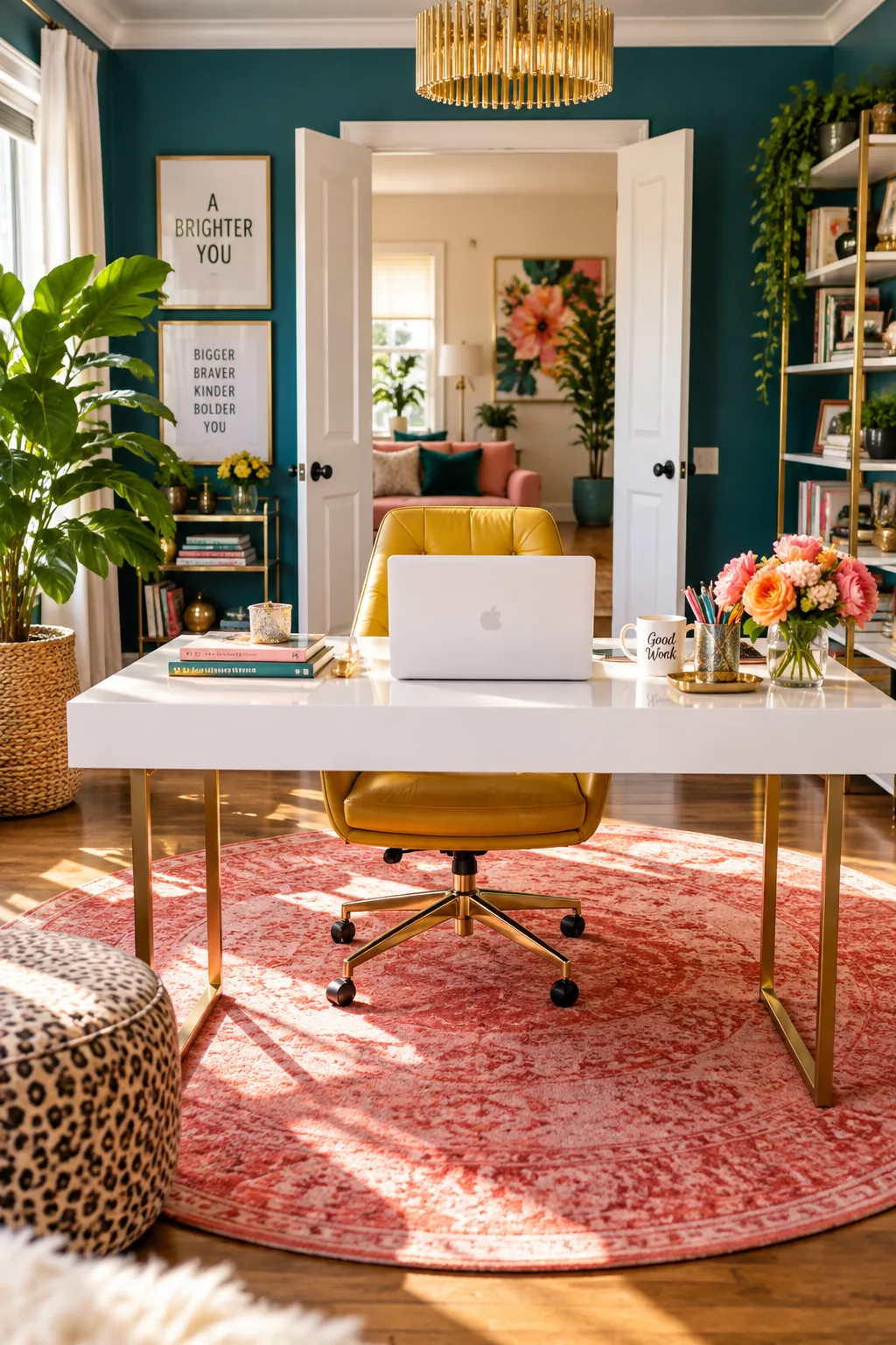 Desk floating in the middle of a modern office facing the door