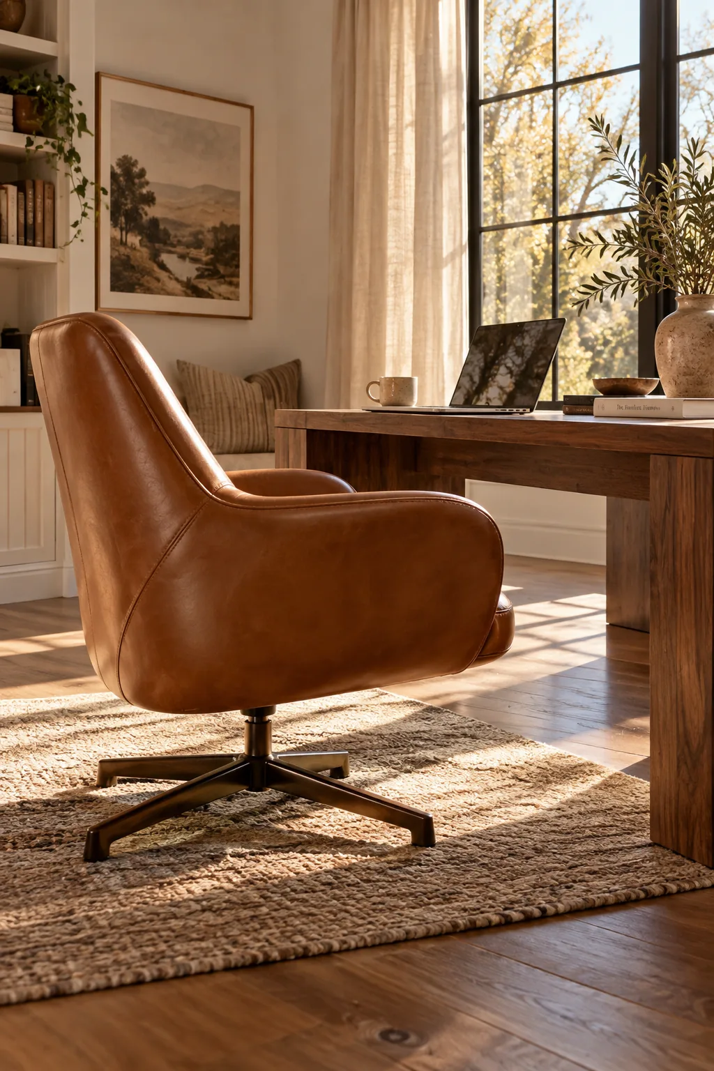 Sculptural leather ergonomic chair in a modern workspace