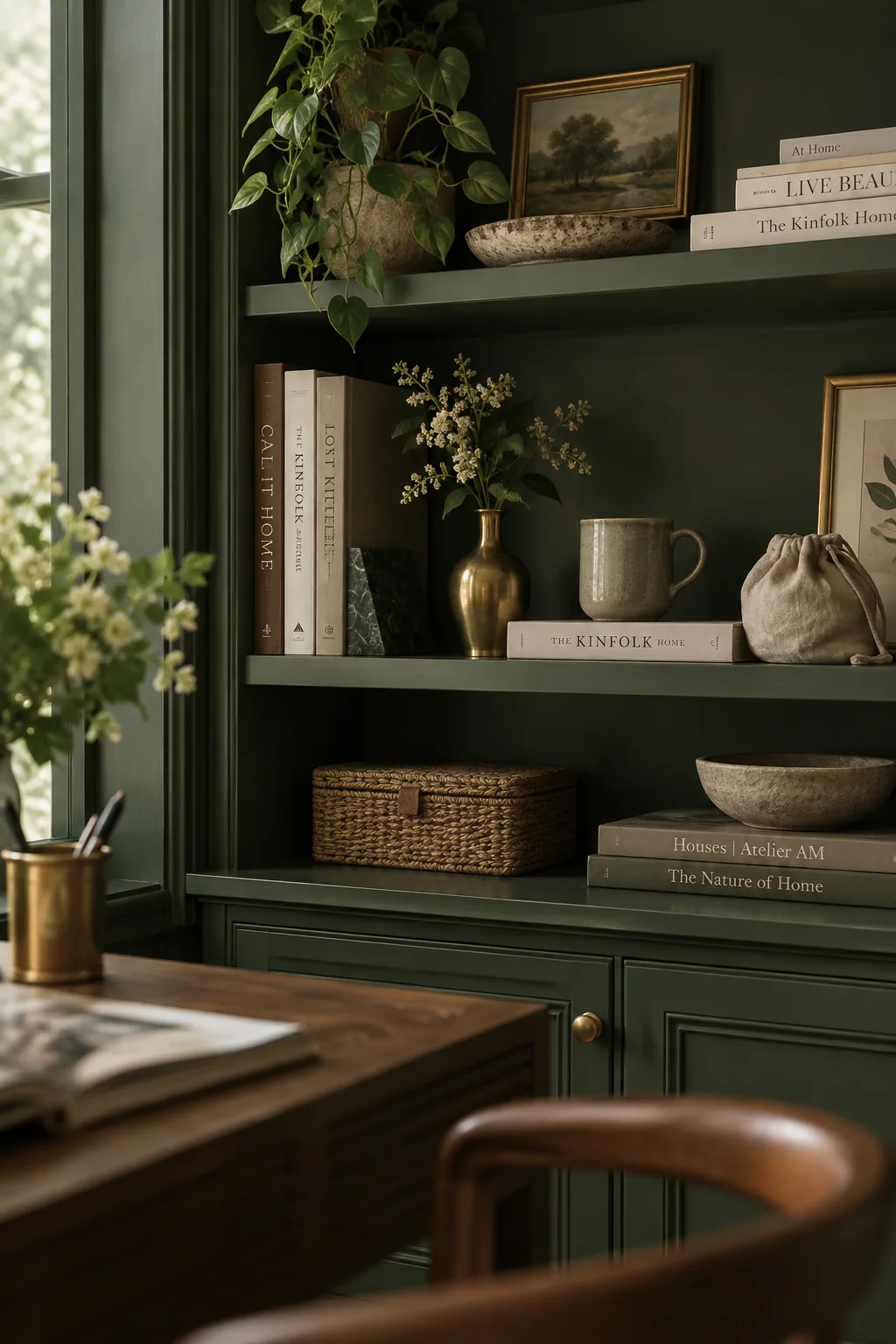 Monochromatic charcoal home office with matching walls and shelves