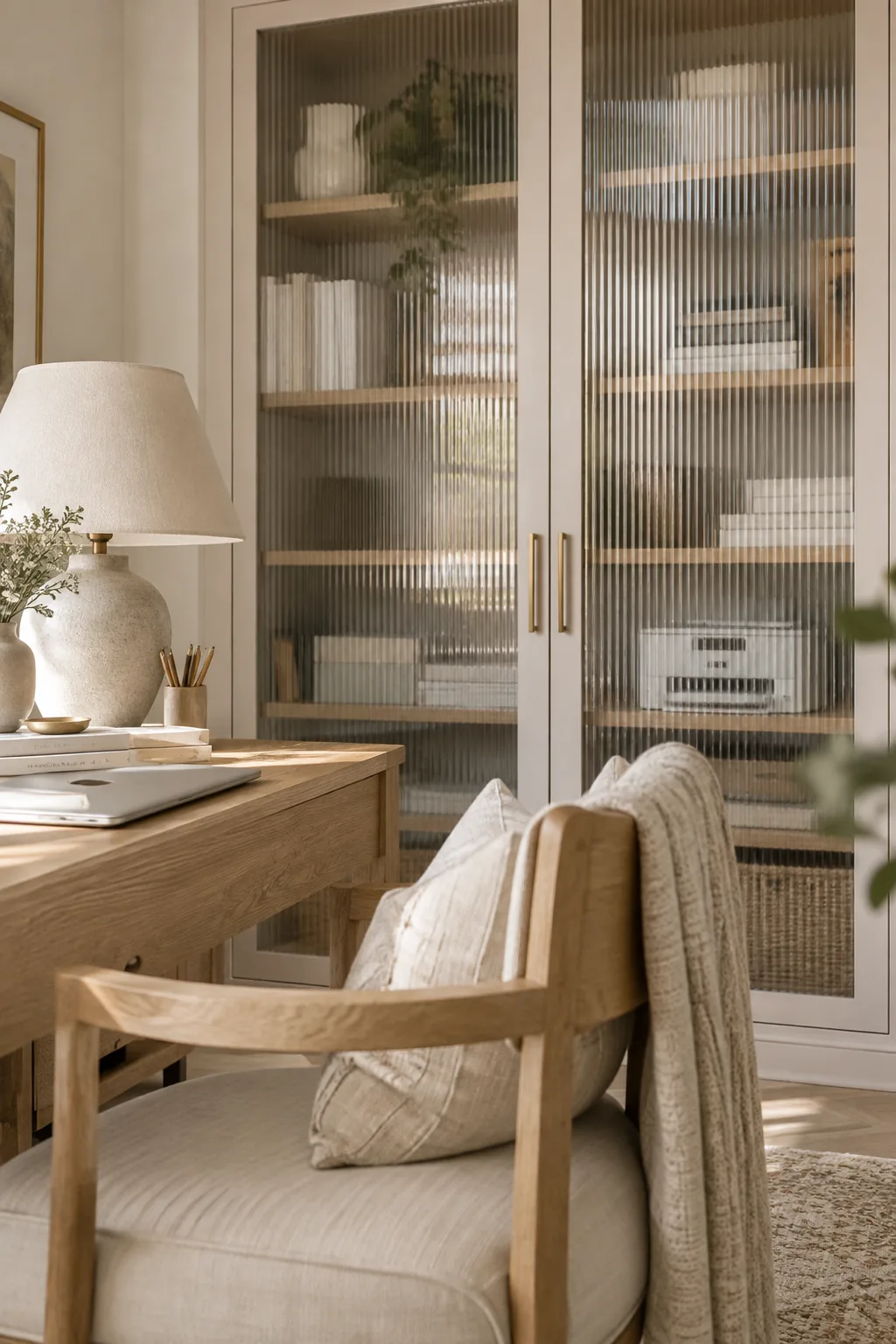 Reeded glass doors hiding office supplies