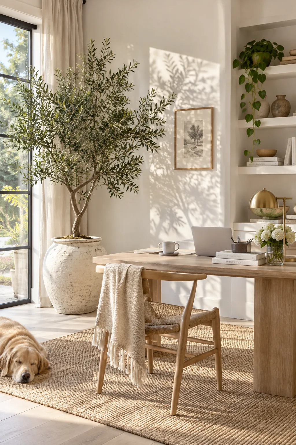 Large olive tree in a ceramic pot next to a modern desk