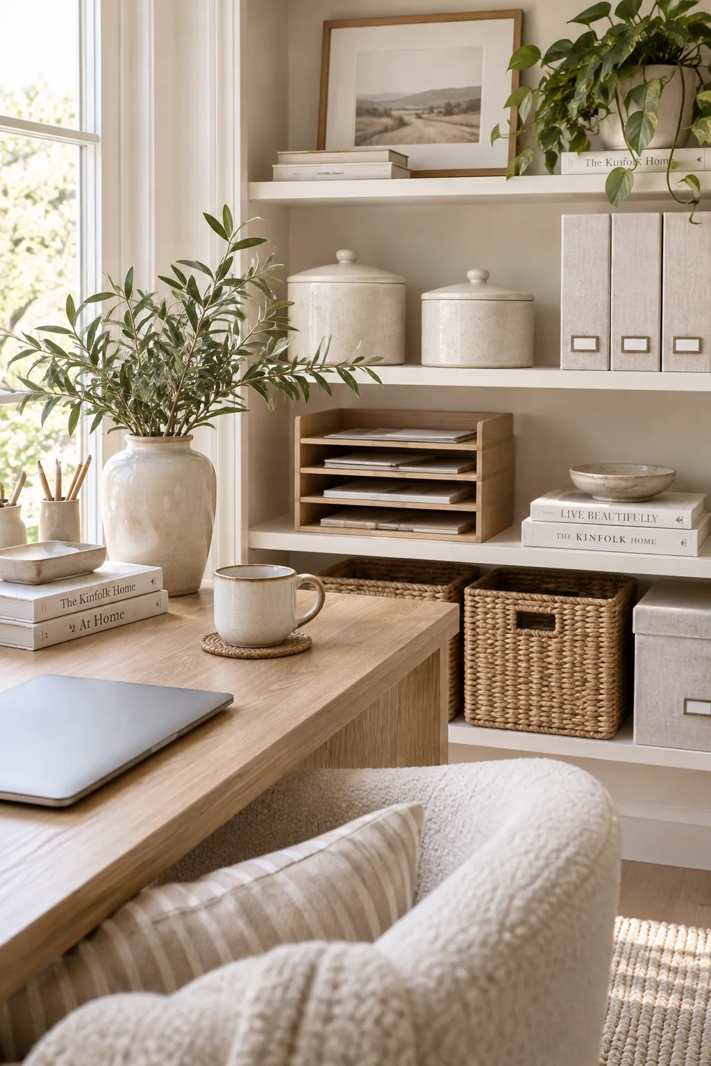 Beautiful woven leather and ceramic storage containers on a shelf