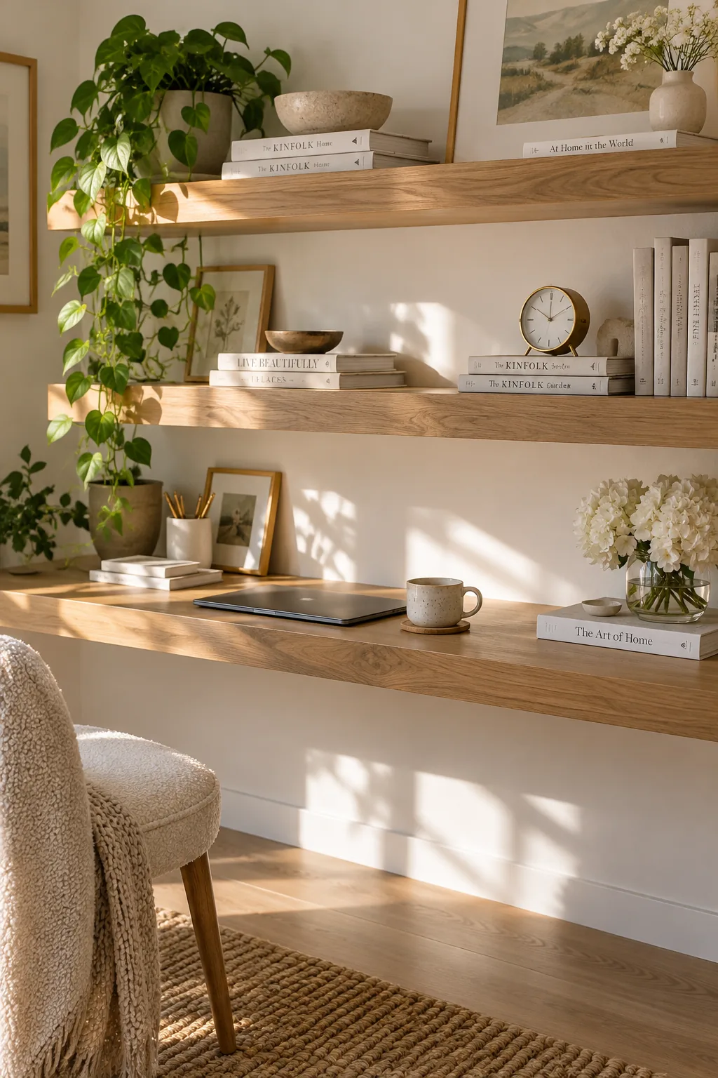 Floating oak shelves above a minimalist desk