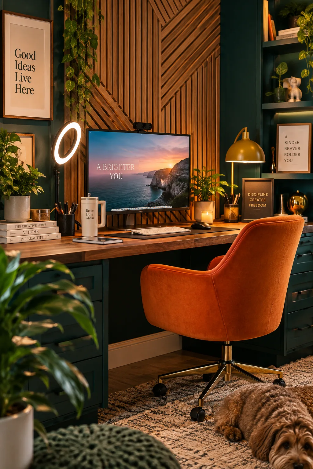 Dark geometric wood paneling behind a computer monitor