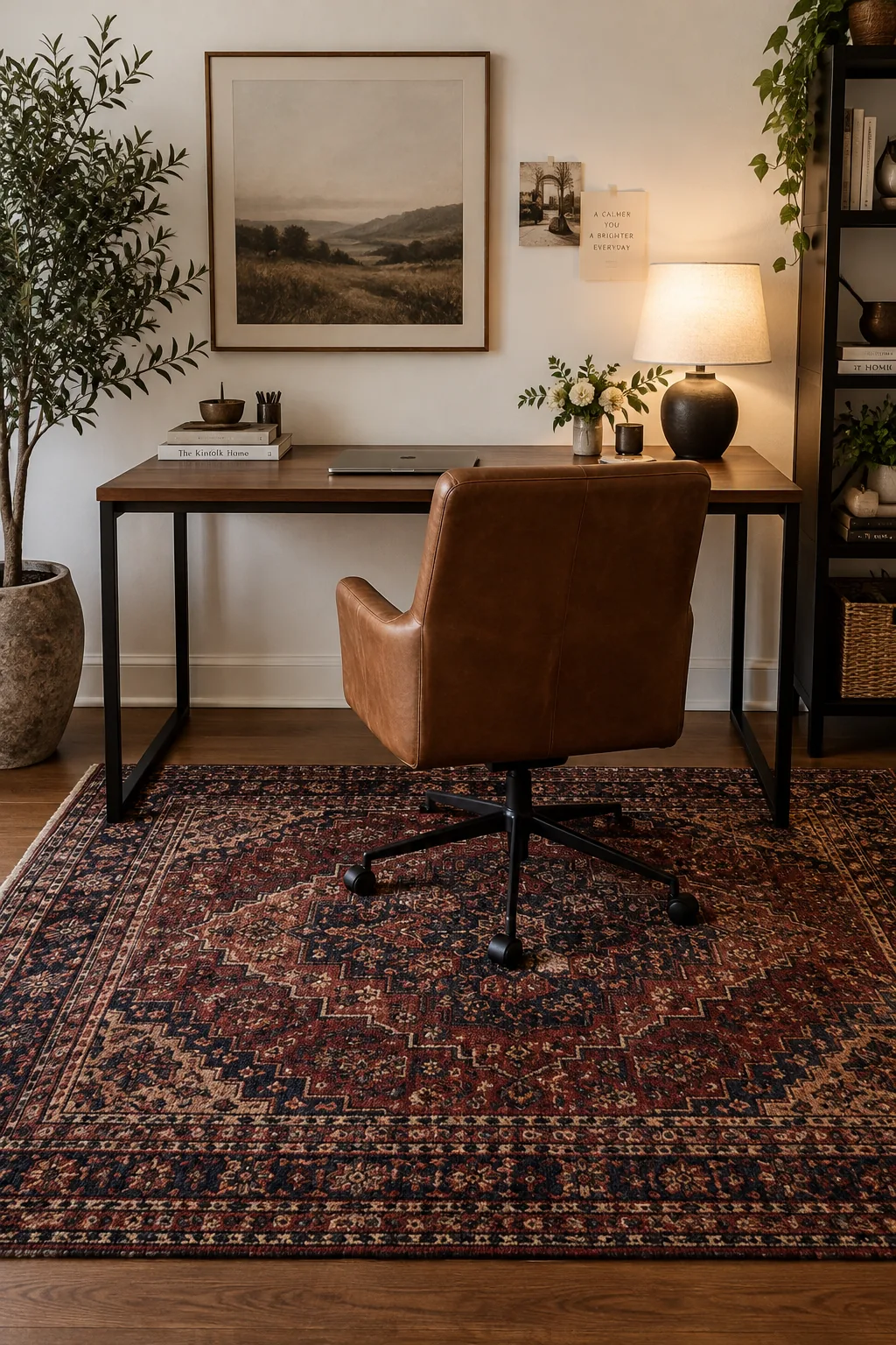 Vintage Persian rug under a modern metal desk