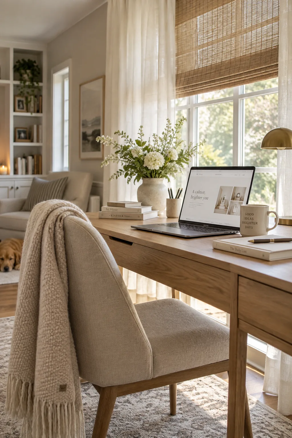 Window with light-filtering sheer curtains and roller shades