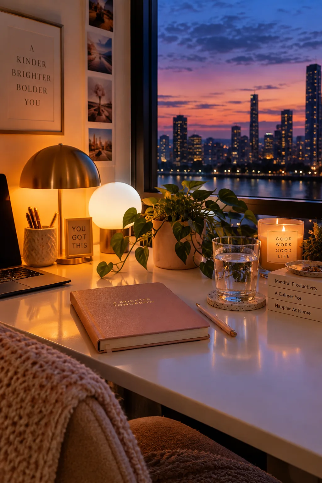 Smart bulb glowing warm amber in a desk lamp