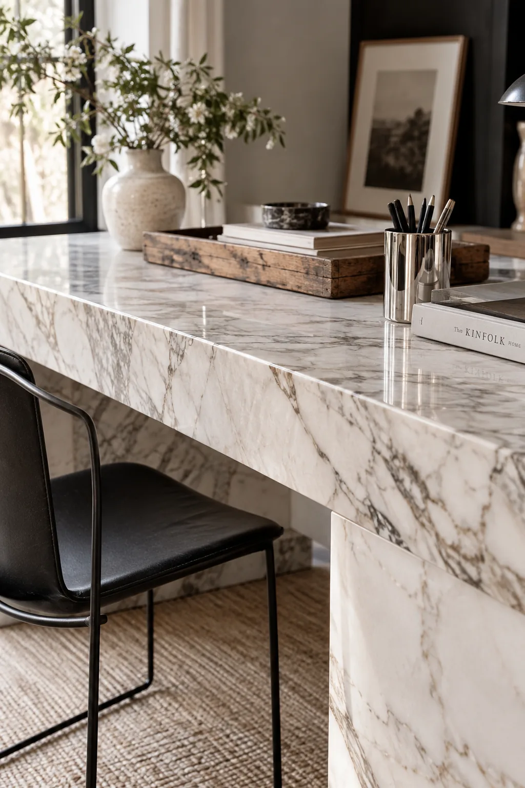 Chunky marble desk paired with a thin-legged chair