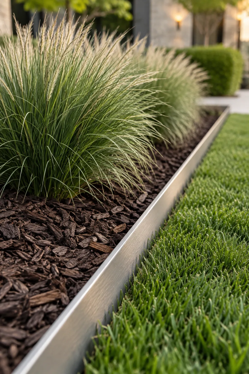 Straight steel garden edging holding back dark mulch and a row of green grasses