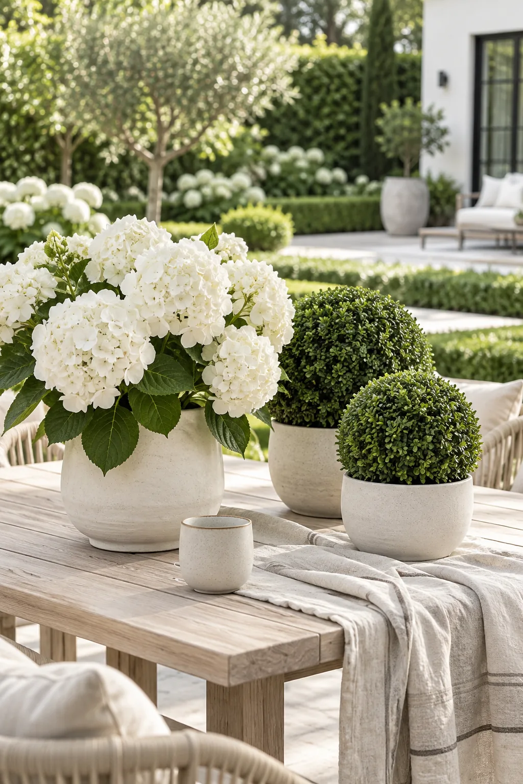 Modern garden bed featuring only dark green boxwoods and white blooming hydrangeas