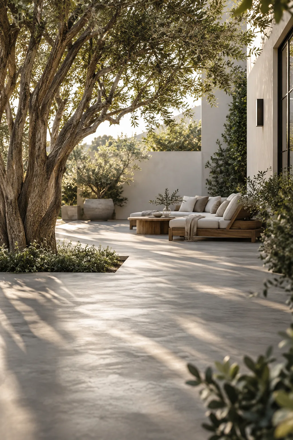 Smooth poured concrete patio with a rectangular cutout holding a small Japanese maple tree