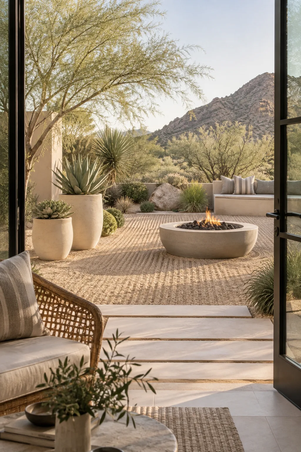 Front yard landscape featuring packed decomposed granite instead of grass with a few sculptural agave plants