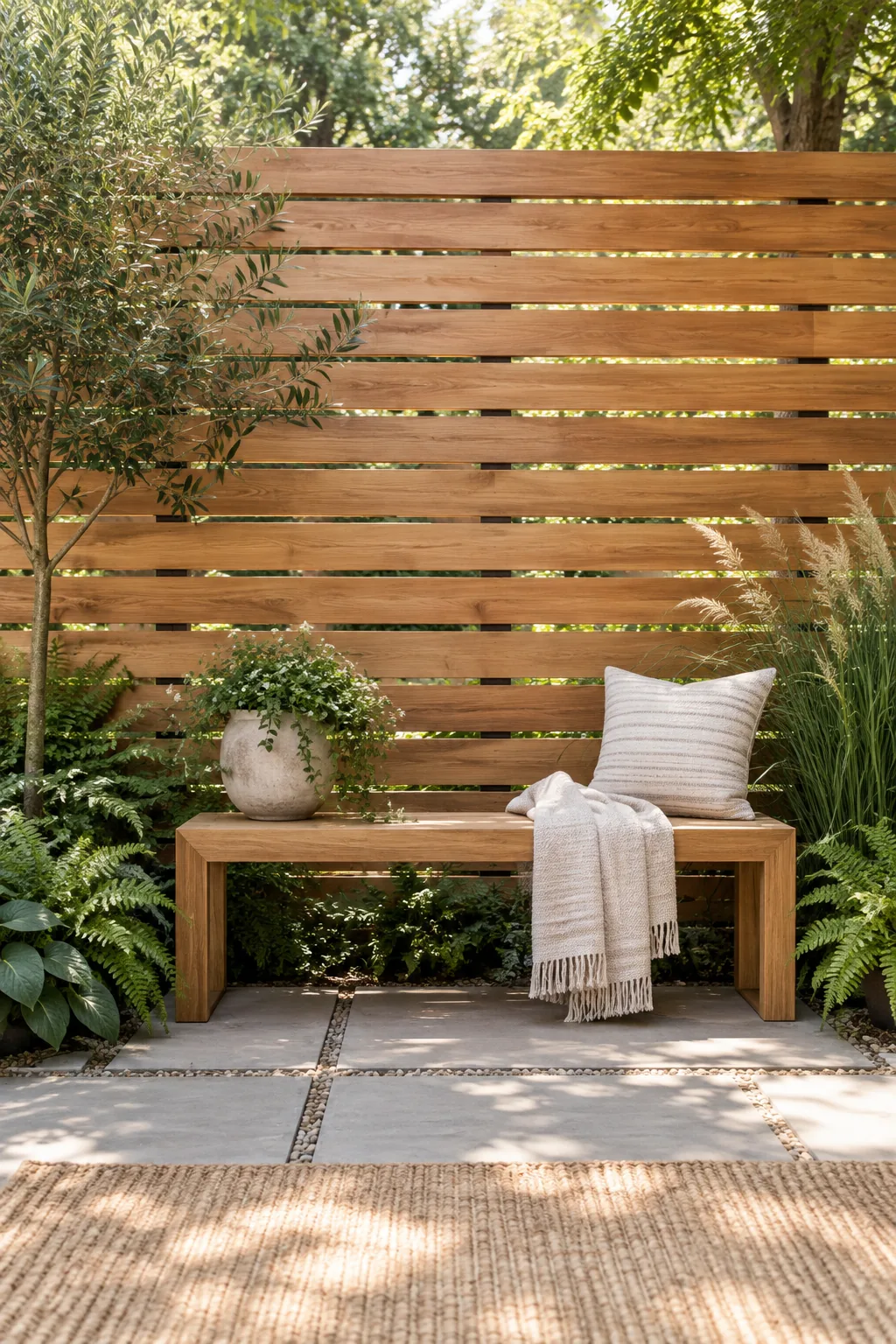 Modern backyard privacy fence made of warm cedar wood planks running horizontally with small gaps