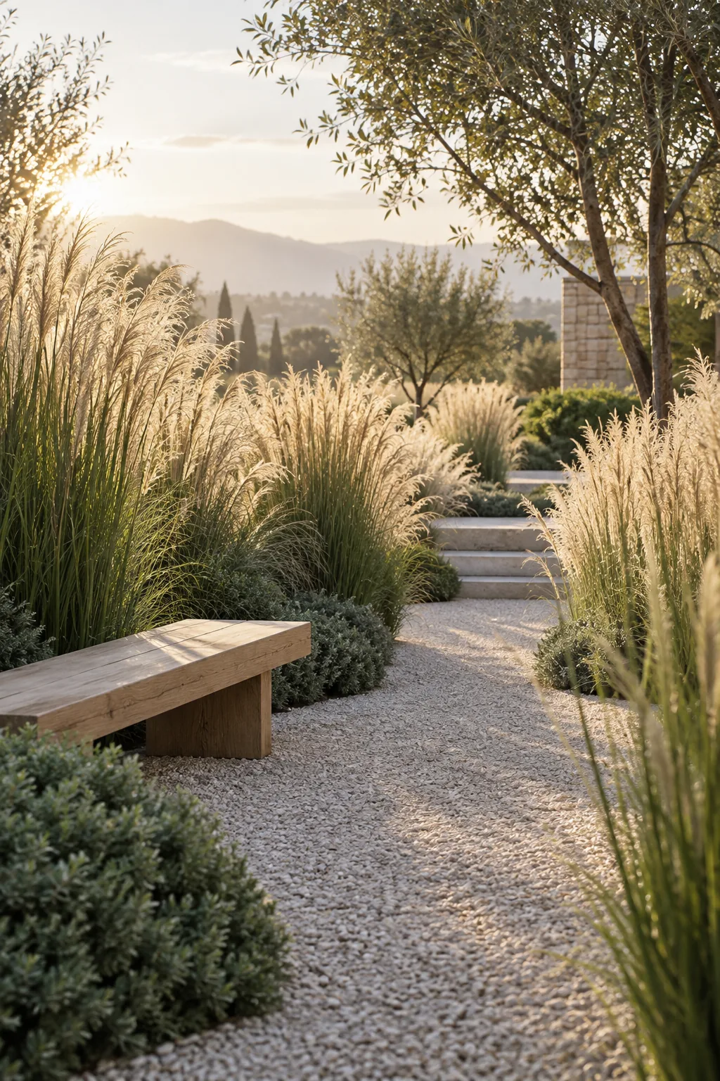 Tall, narrow ornamental grasses planted in a straight row along a modern concrete walkway