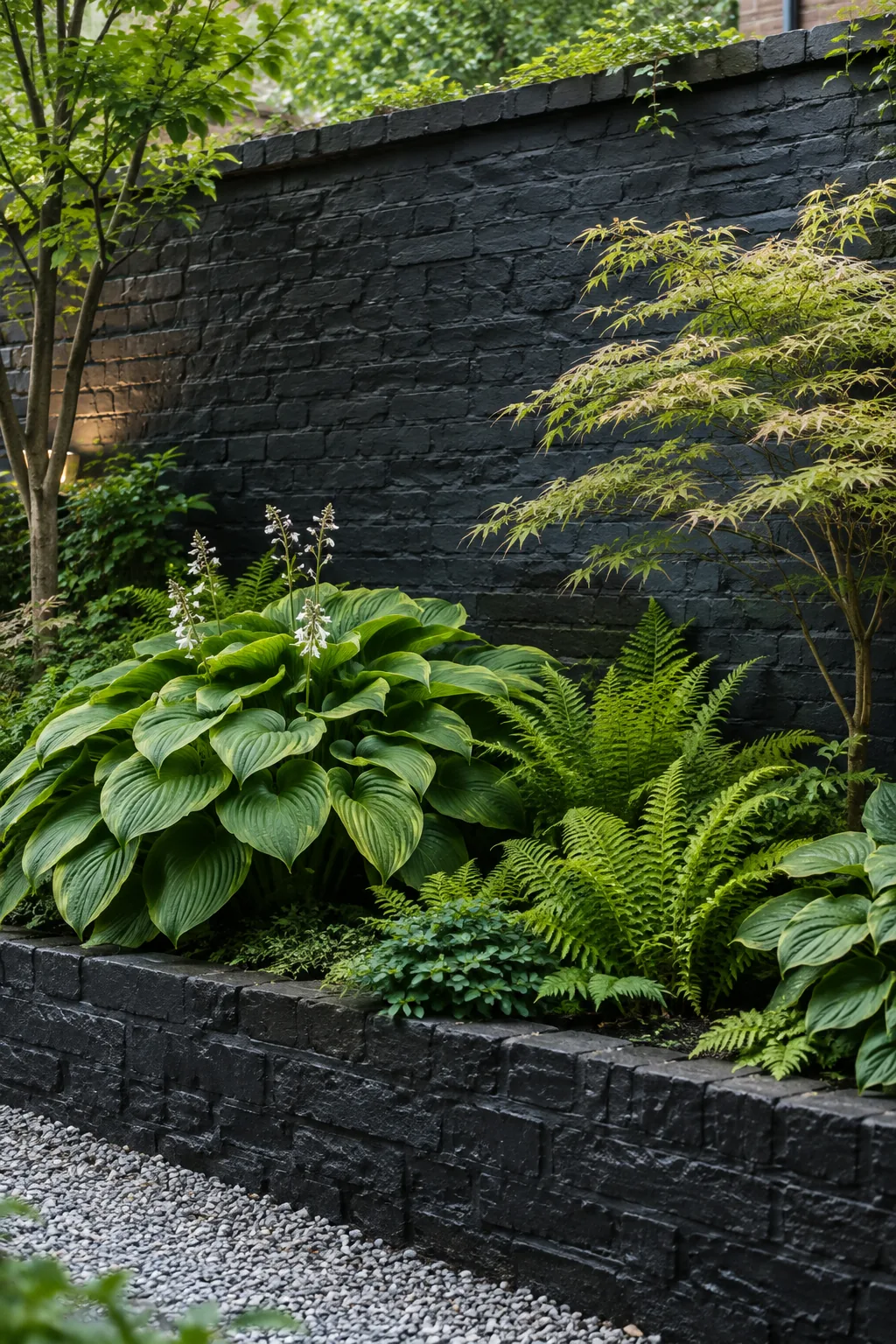 Charcoal black painted brick retaining wall with bright green ferns planted in front of it
