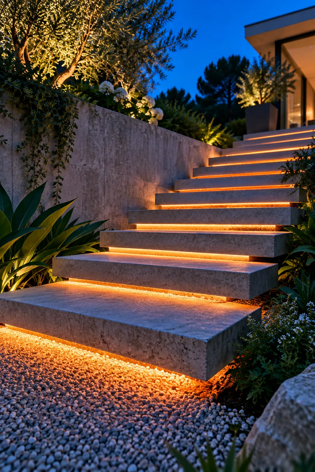 Cantilevered concrete outdoor stairs overlapping each other with hidden LED lights glowing underneath