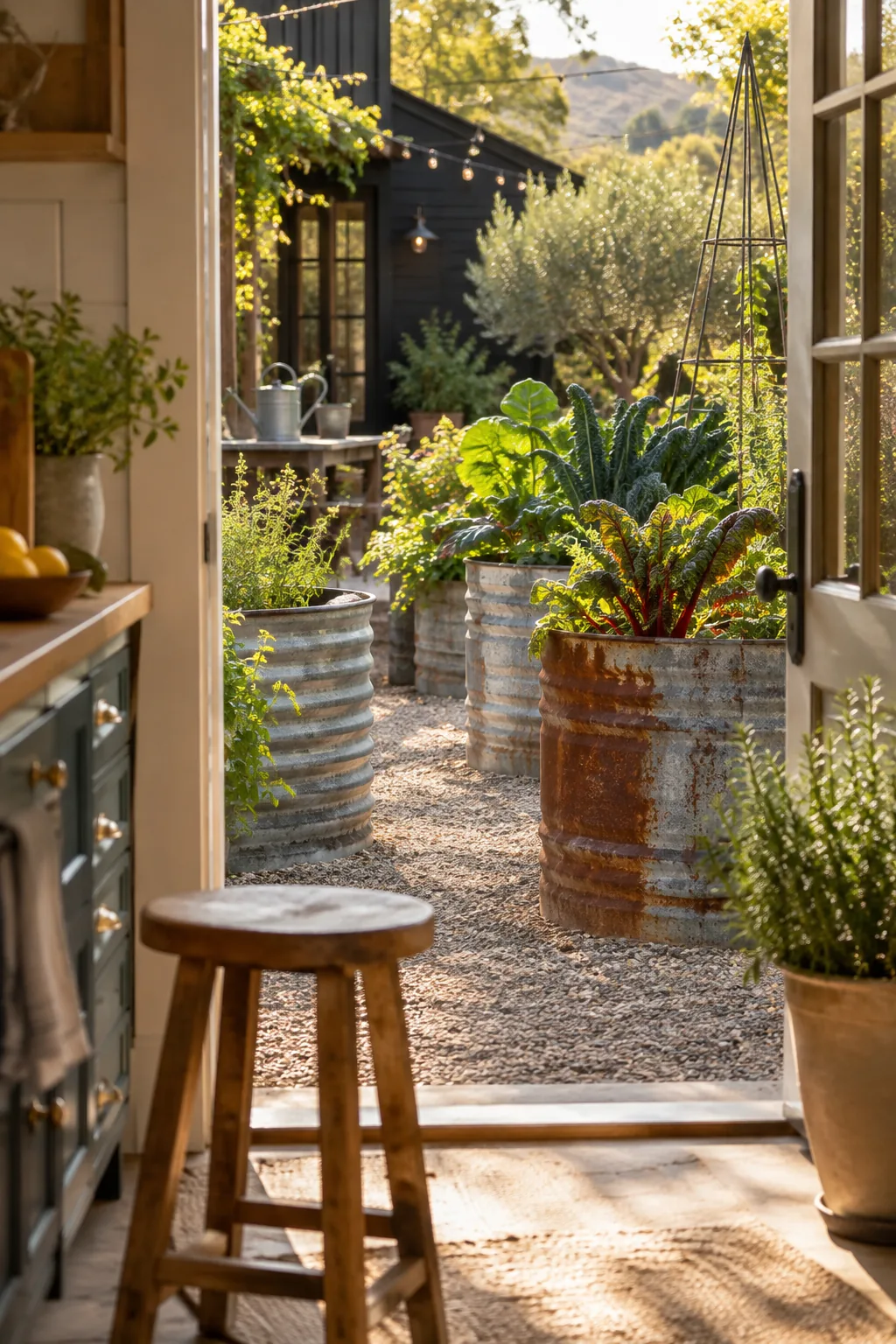 Tall raised garden beds made of galvanized corrugated metal filled with lush green plants