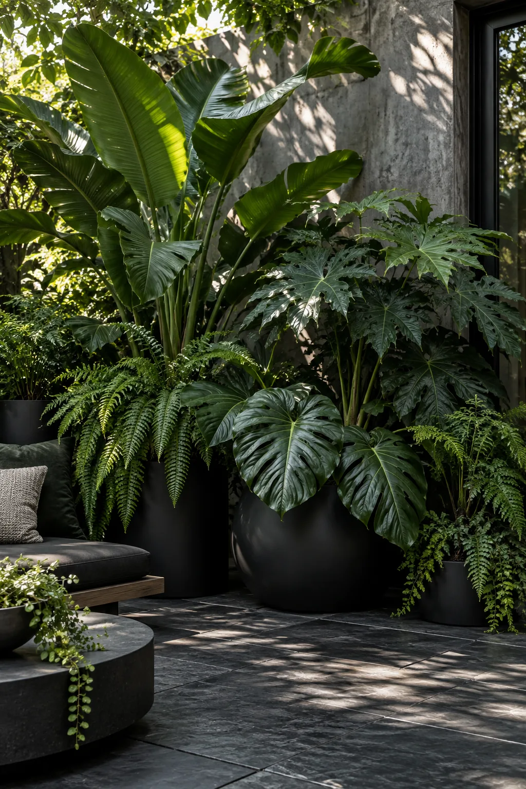 A cluster of large tropical plants including bird of paradise and philodendrons in black planters