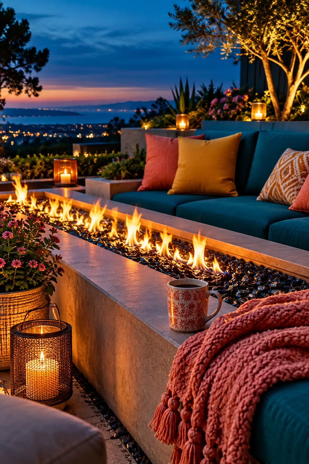 Long, narrow concrete fire pit filled with black glass on a modern patio