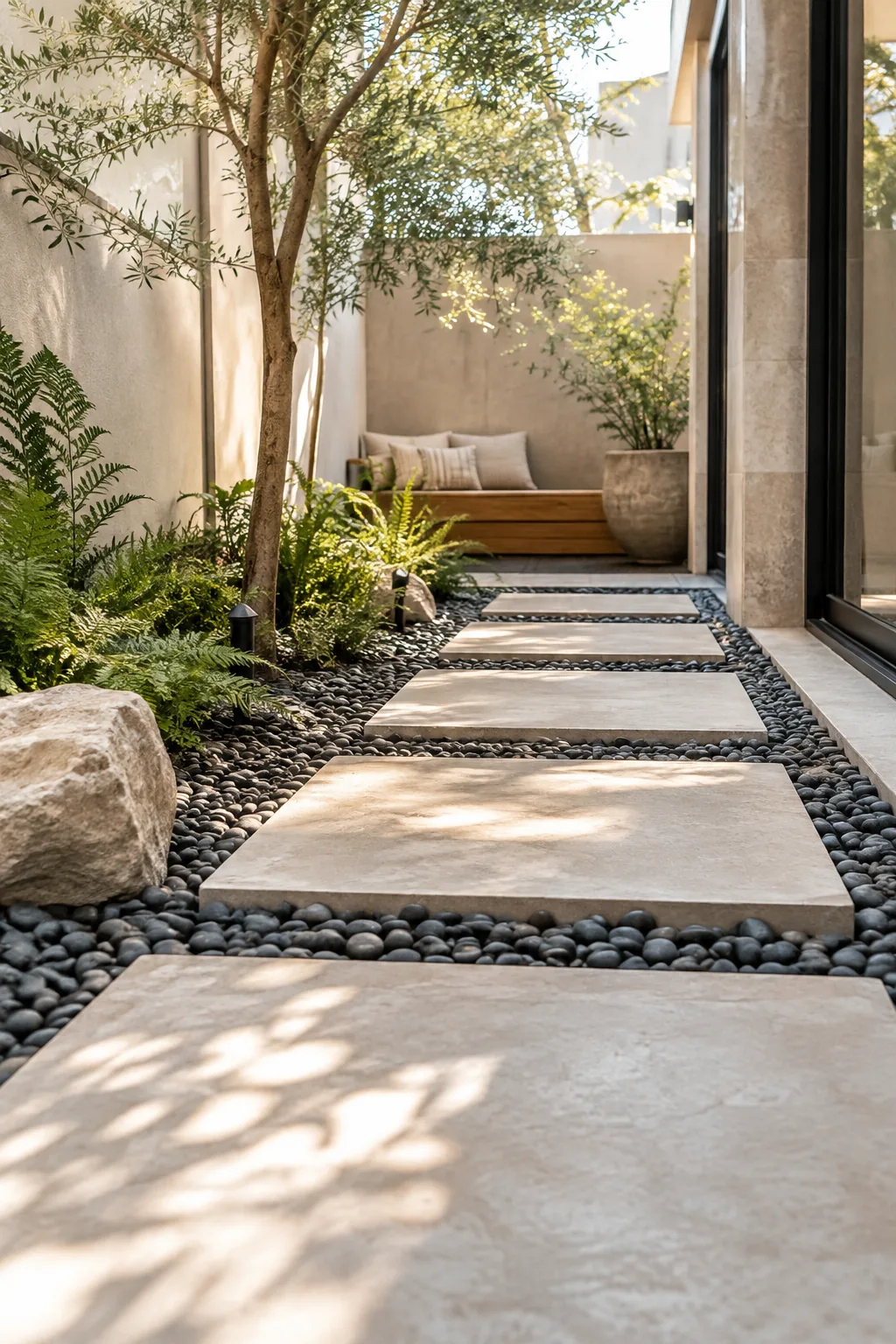 Giant rectangular concrete stepping stones set into dark smooth river pebbles along a side yard