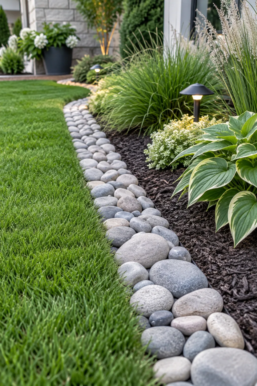A neat border of dark river rocks separating a green lawn from a mulched garden bed