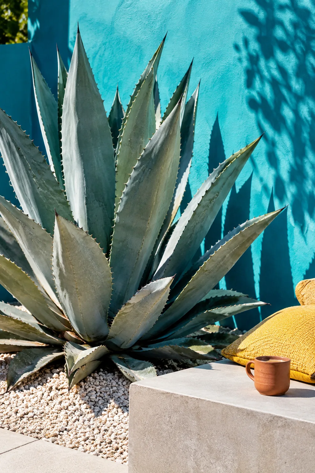 One large architectural agave plant sitting alone in a bed of smooth pale gravel