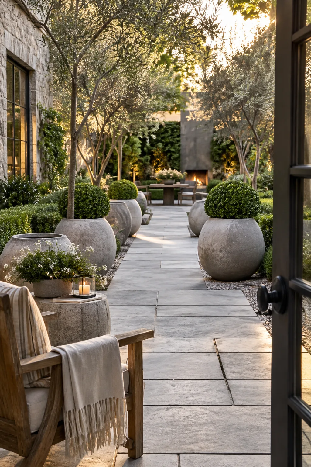 Round concrete bowl planters lining a straight modern concrete walkway