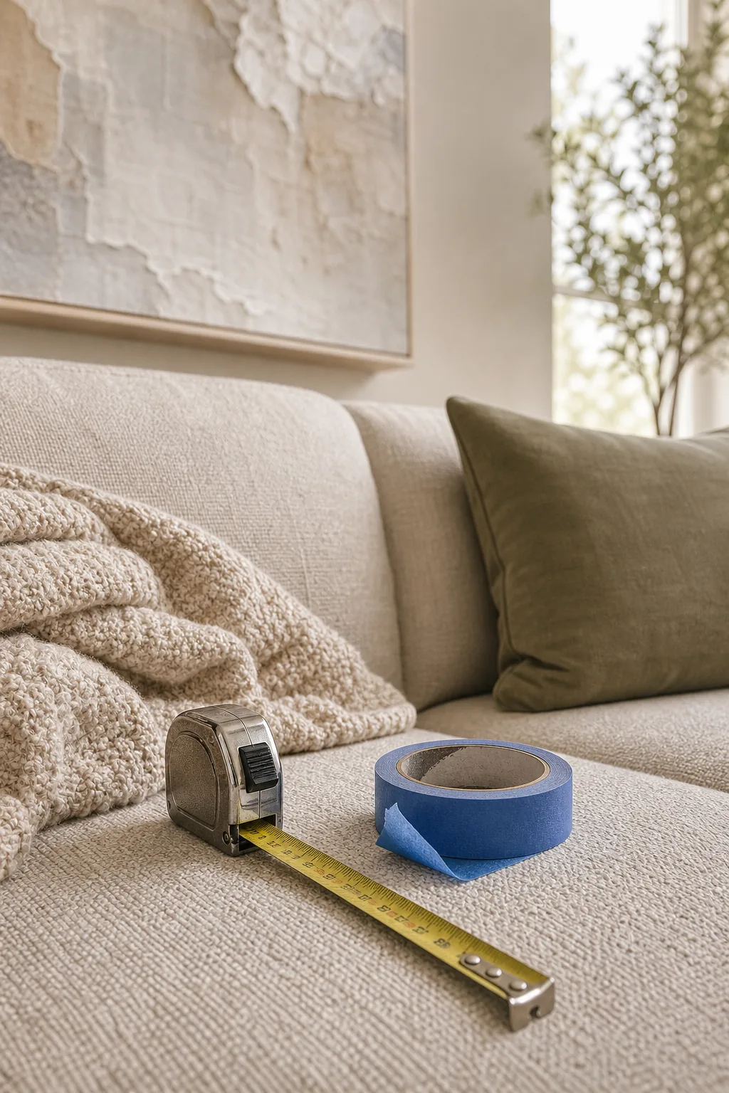 A steel measuring tape and painter's tape resting on a textured beige sofa cushion.