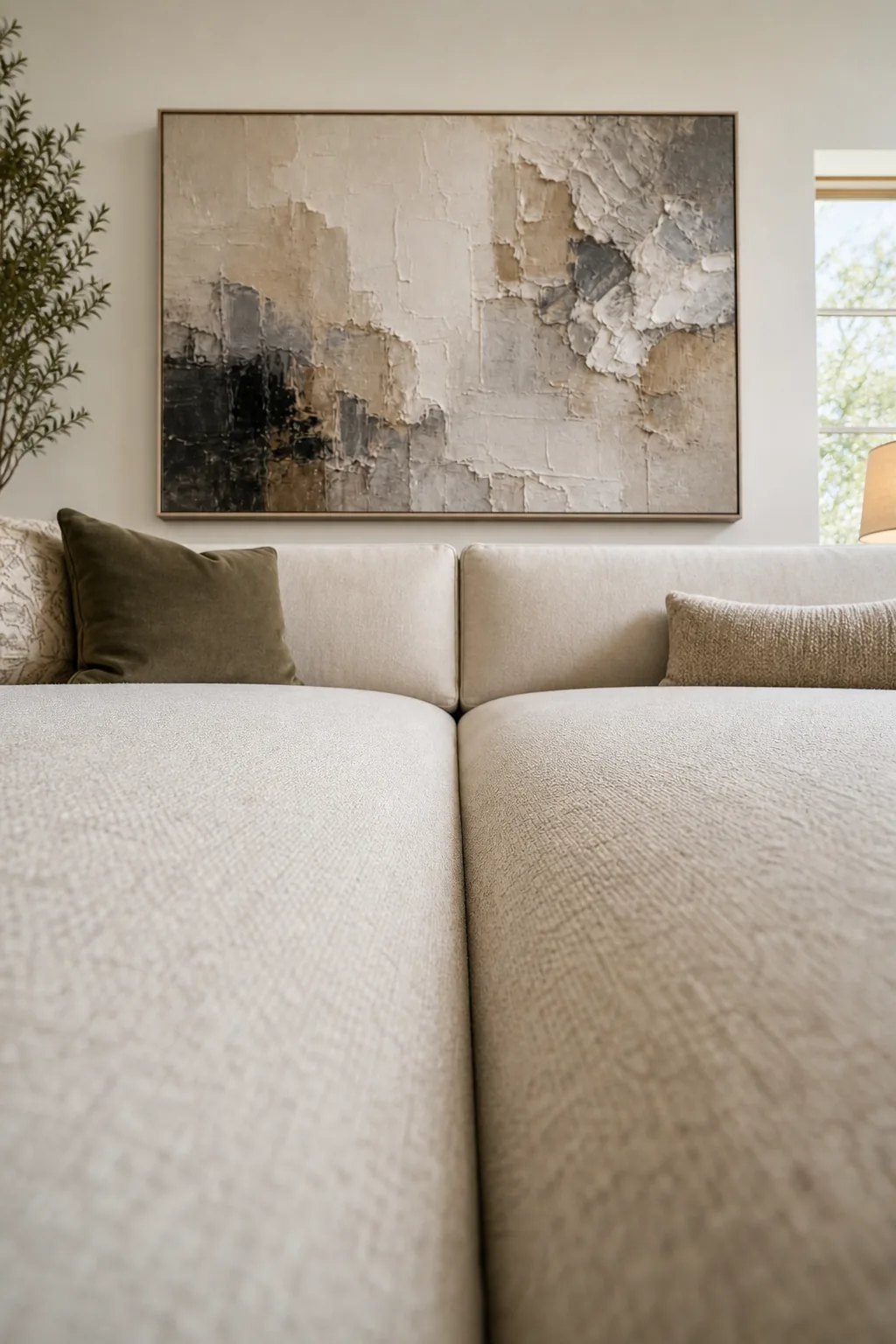 Close-up of a central sofa seam aligning vertically with the artwork hanging above it.