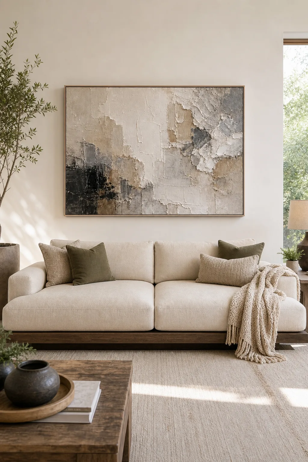 A perfectly scaled abstract canvas spanning two-thirds the width of the modern sofa below it.