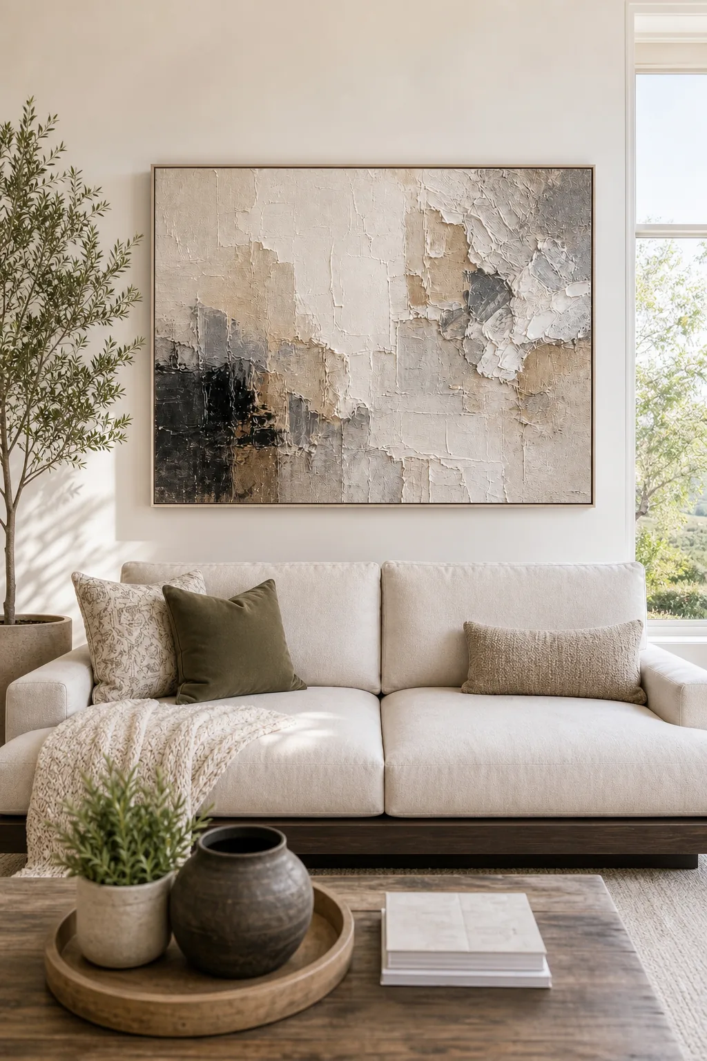The center point of a large textured canvas aligned with the natural eye-level of the room.