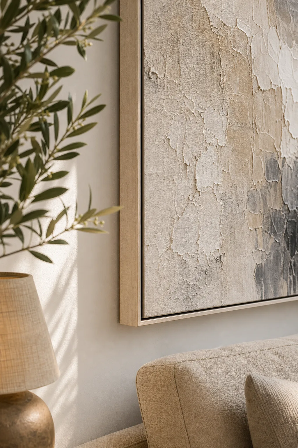 Detail of a canvas edge separated by a small gap from a thin wooden floating frame.