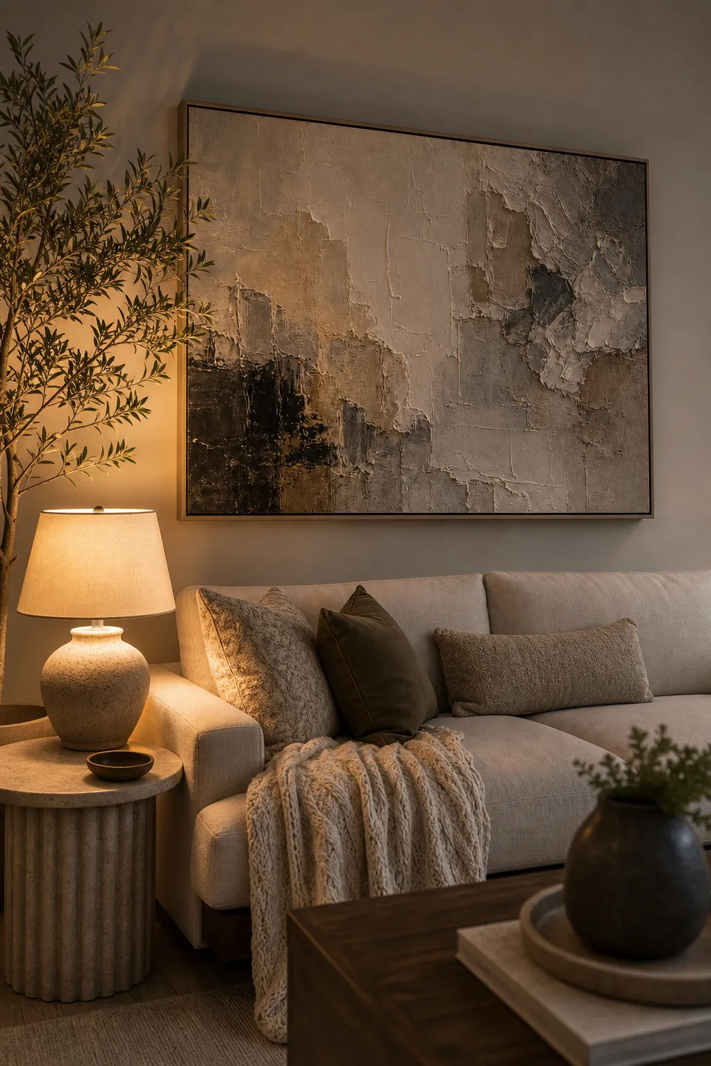 A warm table lamp casting directional light across a textured canvas in a dim living room.