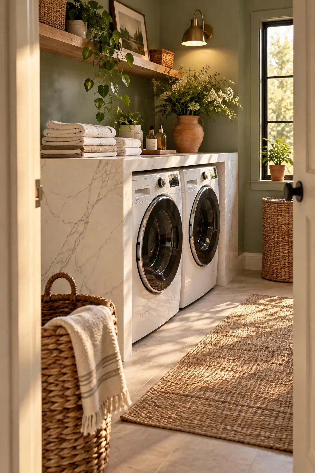 Custom quartz waterfall counter built over front-loading washer and dryer.