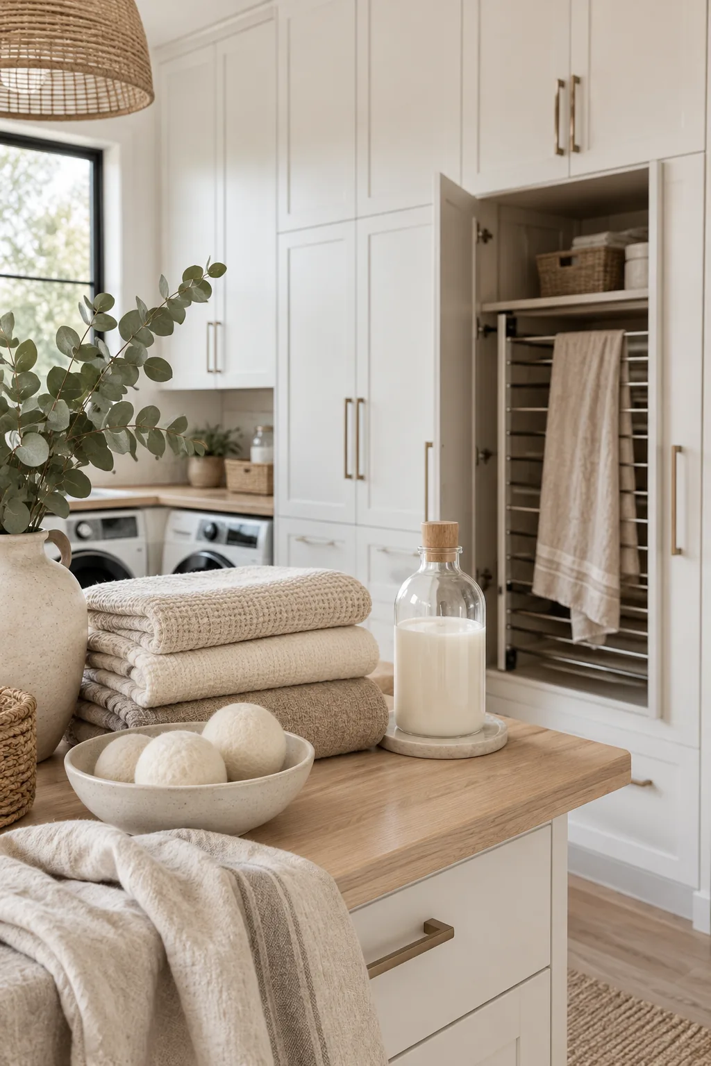 Floor-to-ceiling wood cabinetry enclosing a washer and dryer.