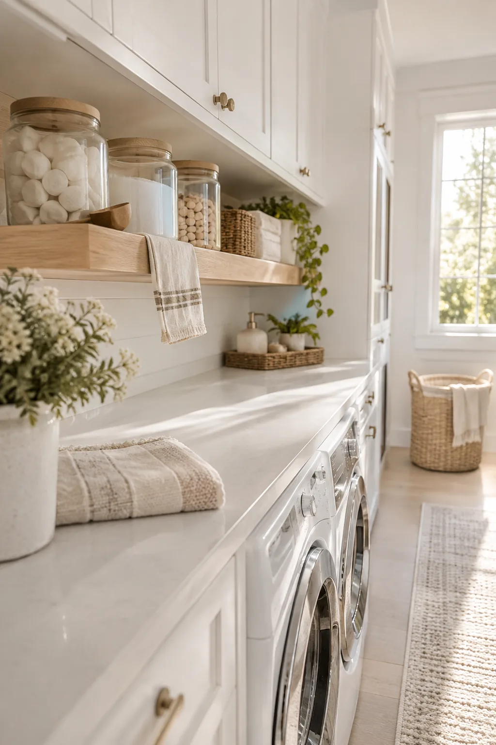 Wood floating shelf under upper cabinets holding glass jars of detergent.
